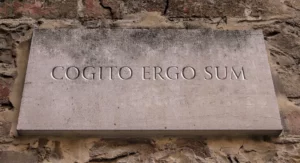 Cogito Ergo Sum. A Latin philosophical proposition that means I think, therefore I am. Written in stone